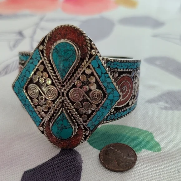 Turquoise and Coral Stone Tibetan Silver Bracelet - Picture 11 of 11